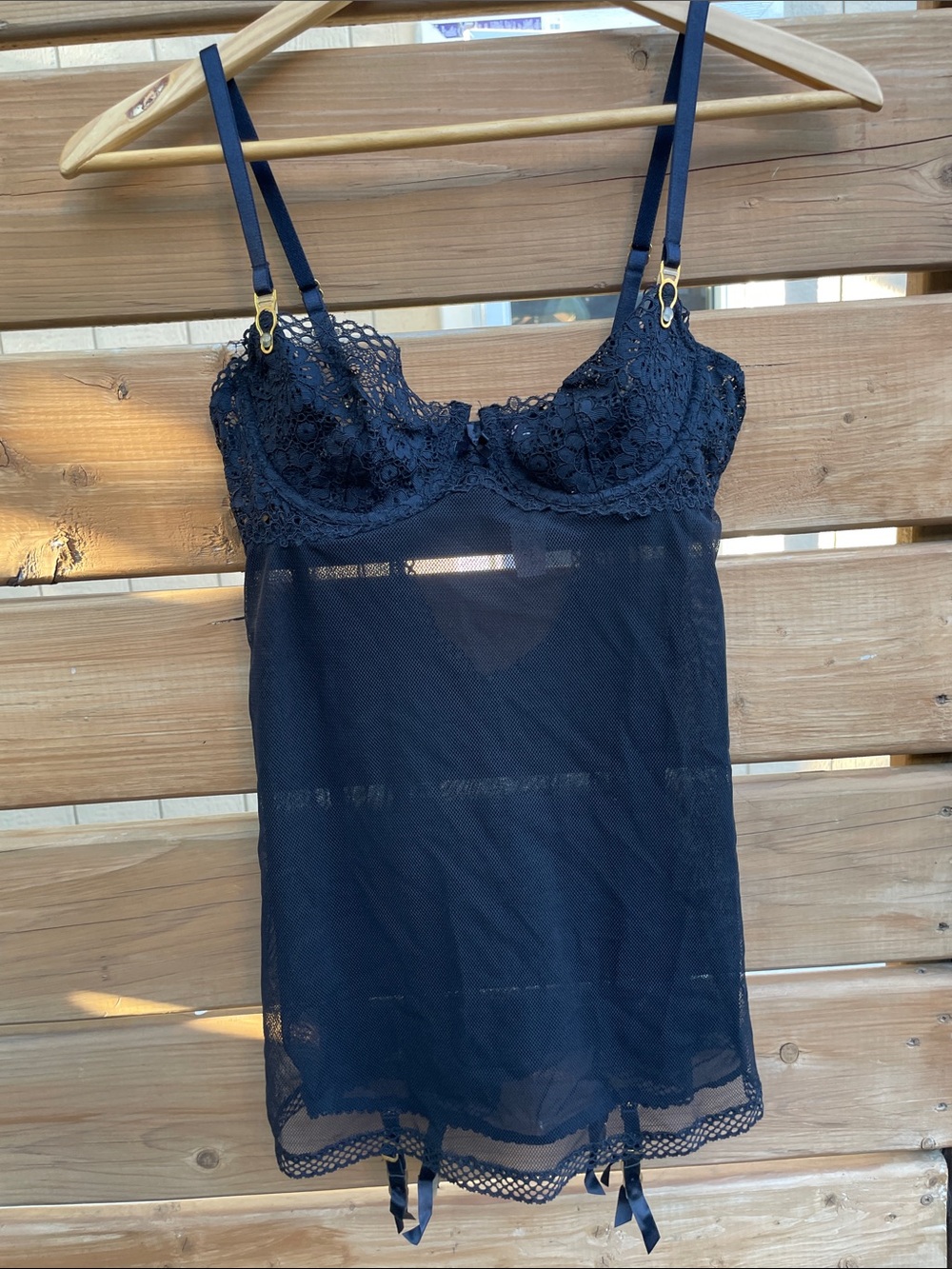 NWT Victoria's Secret Very Sexy Black Lace Garter Slip Chemise - Small